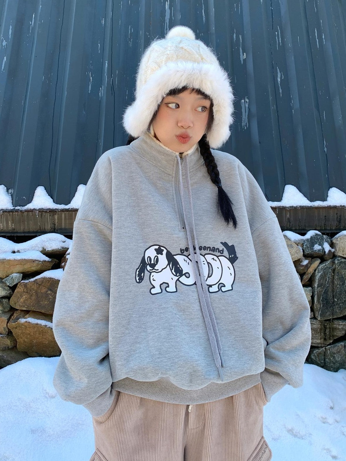 BETWEENAND Gray Puppy Print Half Zip Stand Collar Women&