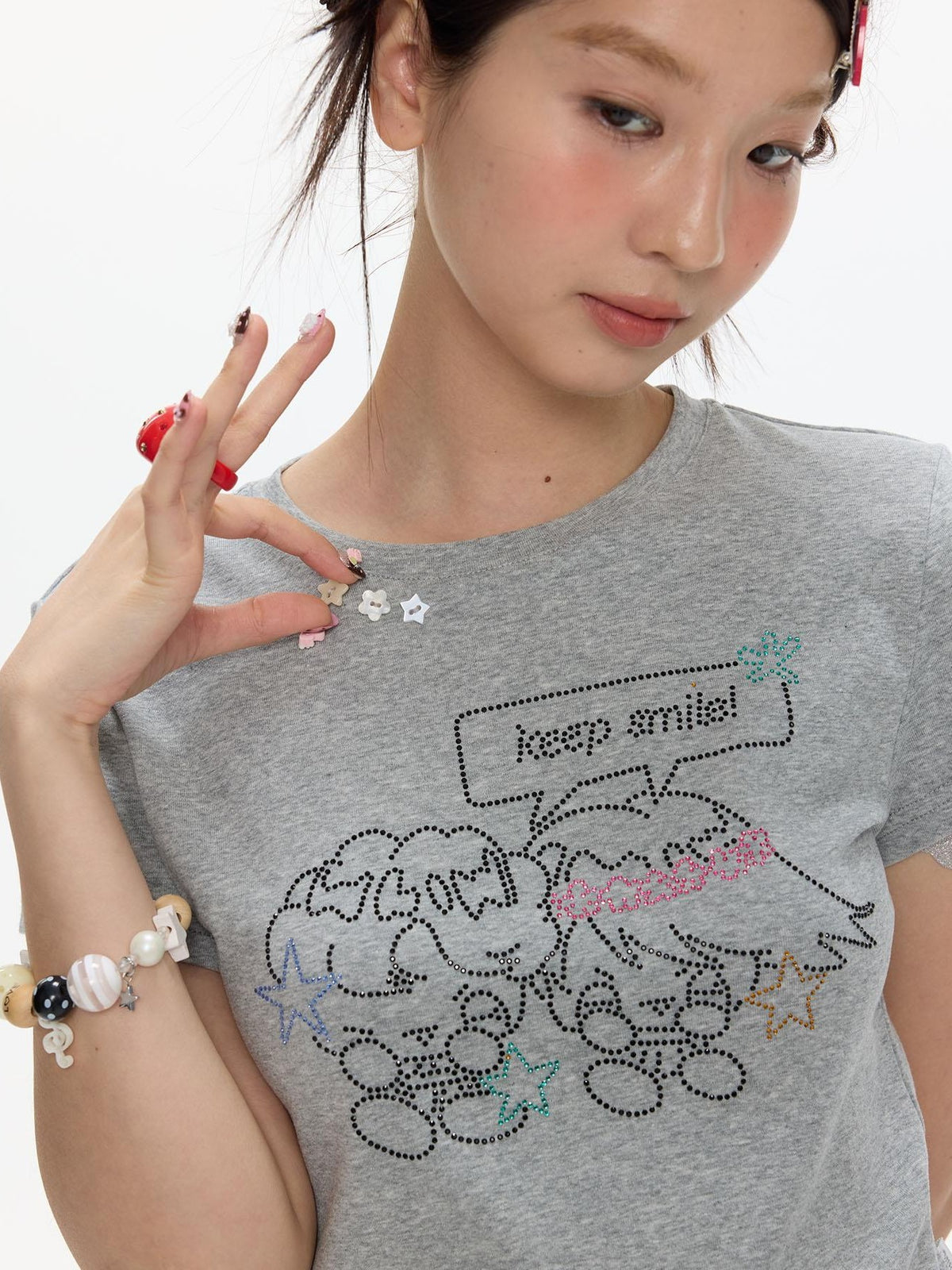 BETWEENAND Gray Rhinestone Smile Cropped Women&
