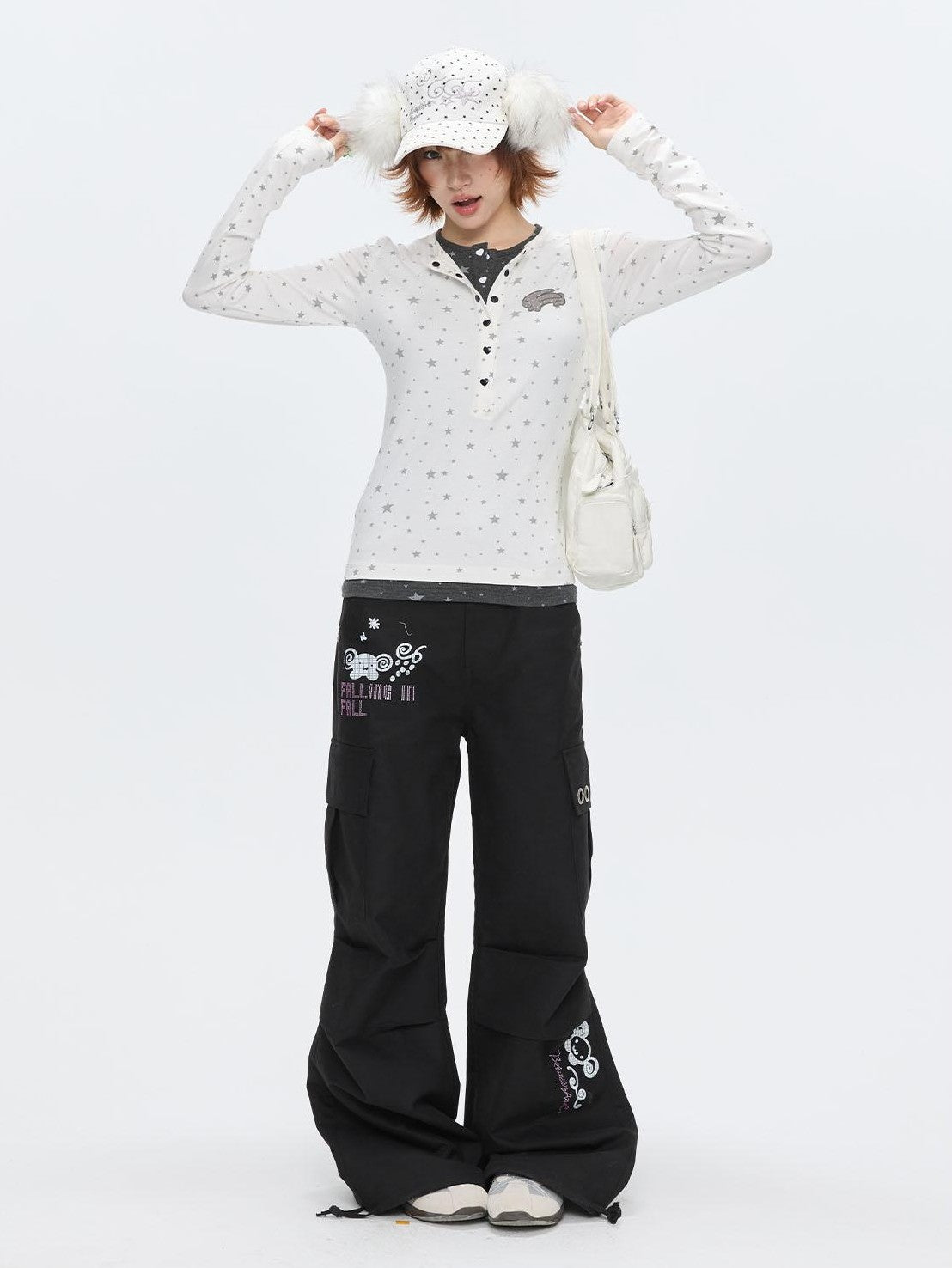 BETWEENAND Gray Star Polka Dot Henley Faux Layered Women&