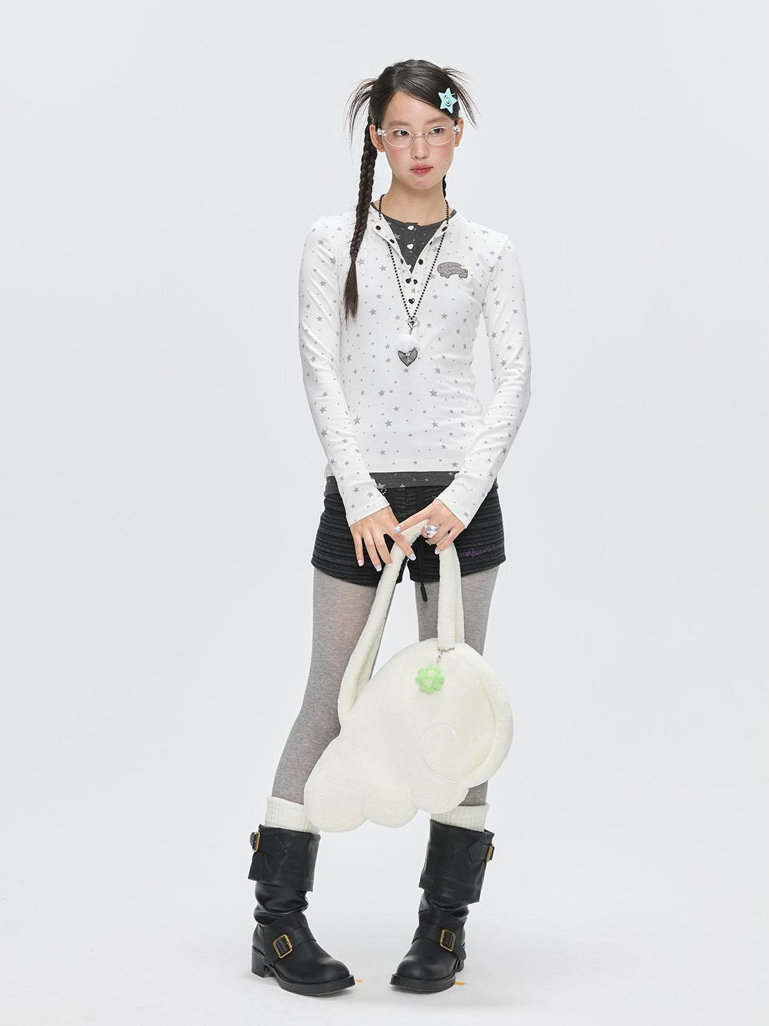 BETWEENAND Gray Star Polka Dot Henley Faux Layered Women&