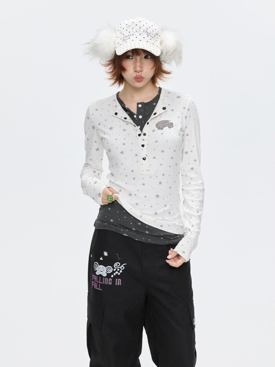 BETWEENAND Gray Star Polka Dot Henley Faux Layered Women&