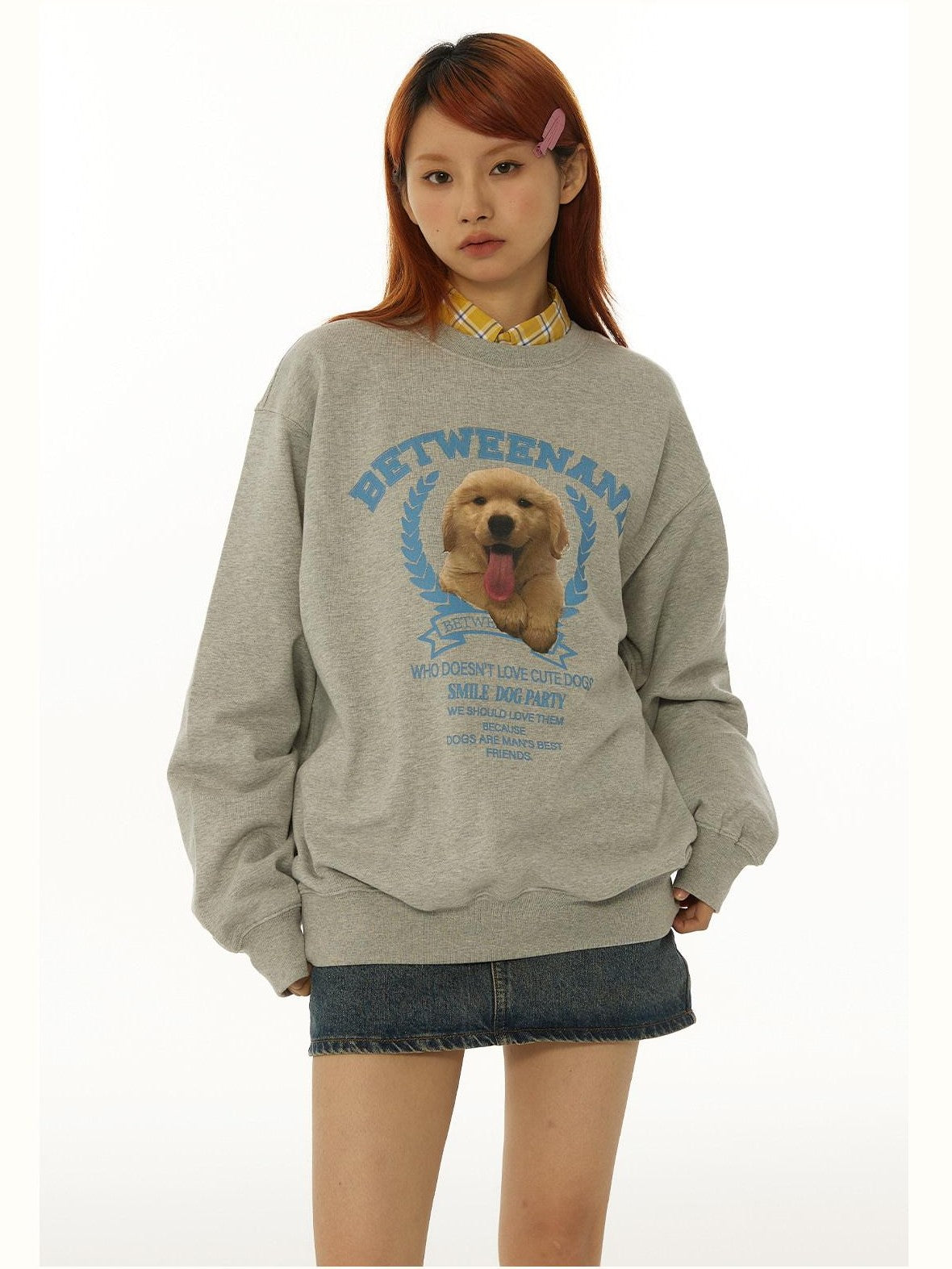 BETWEENAND Gray Tongue Out Puppy Motif Loose Fit Women&