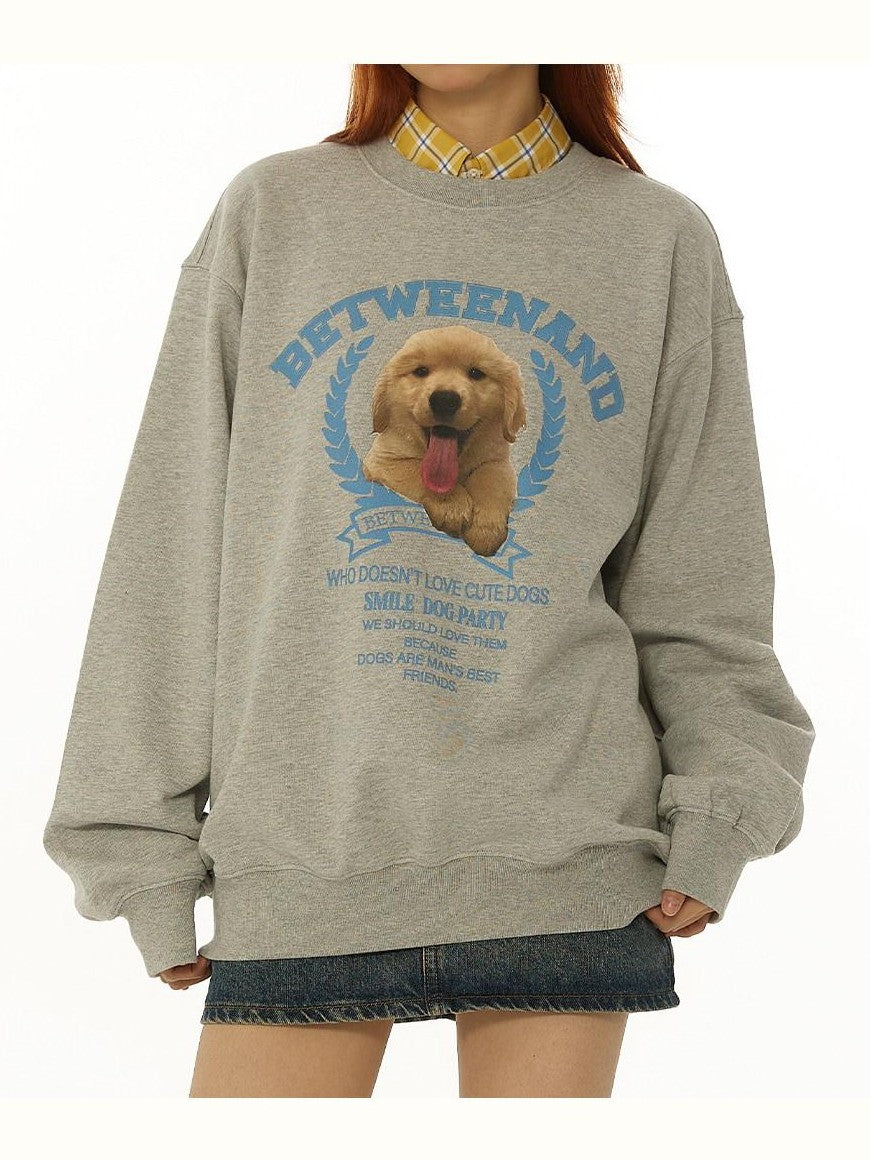 BETWEENAND Gray Tongue Out Puppy Motif Loose Fit Women&