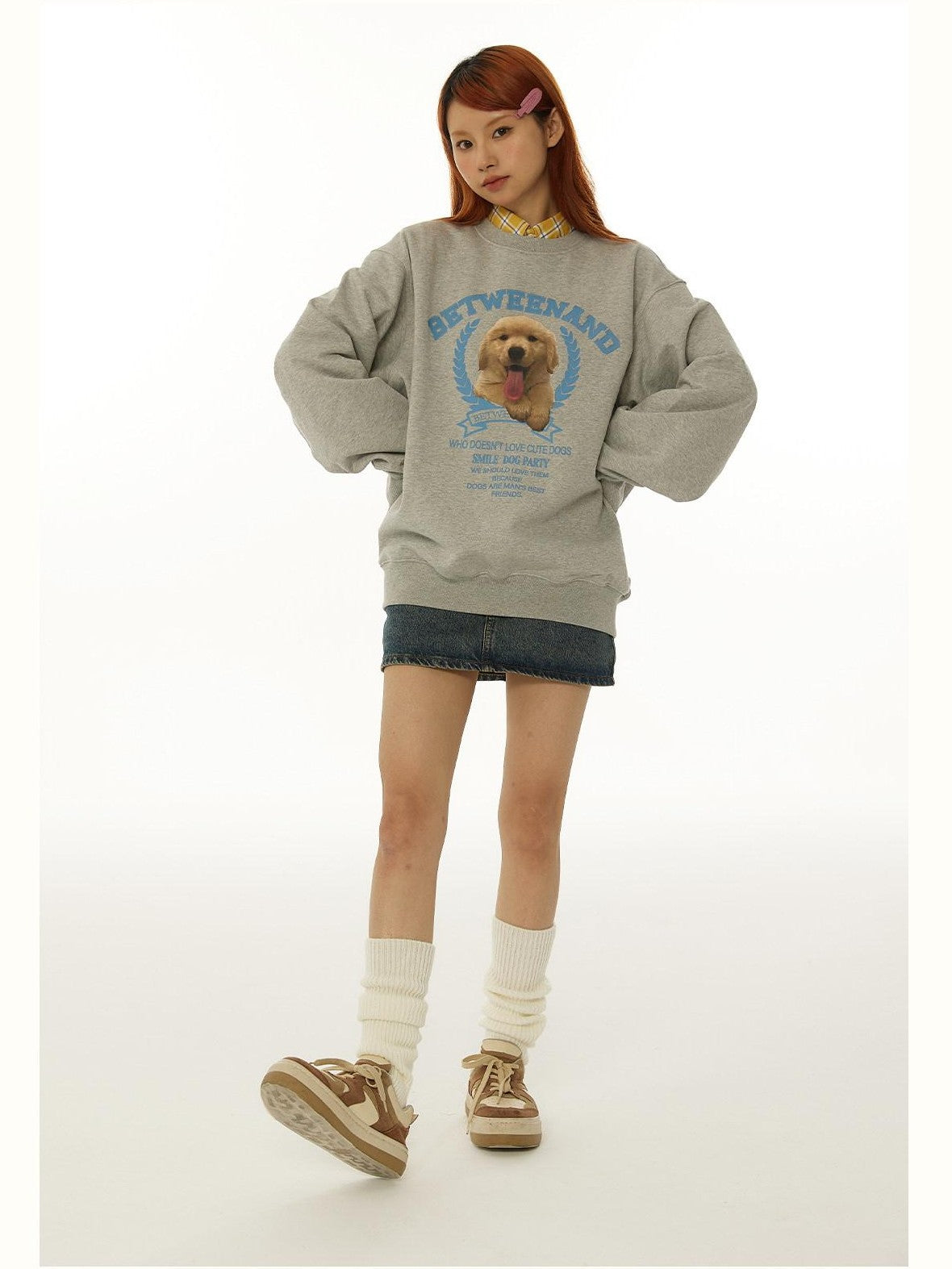 BETWEENAND Gray Tongue Out Puppy Motif Loose Fit Women&