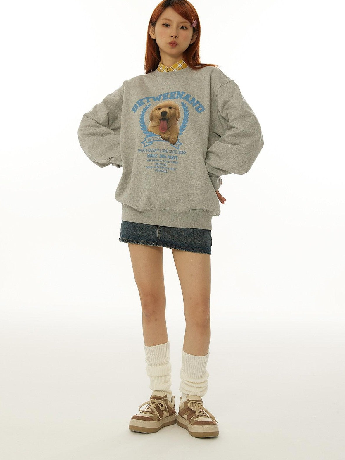 BETWEENAND Gray Tongue Out Puppy Motif Loose Fit Women&