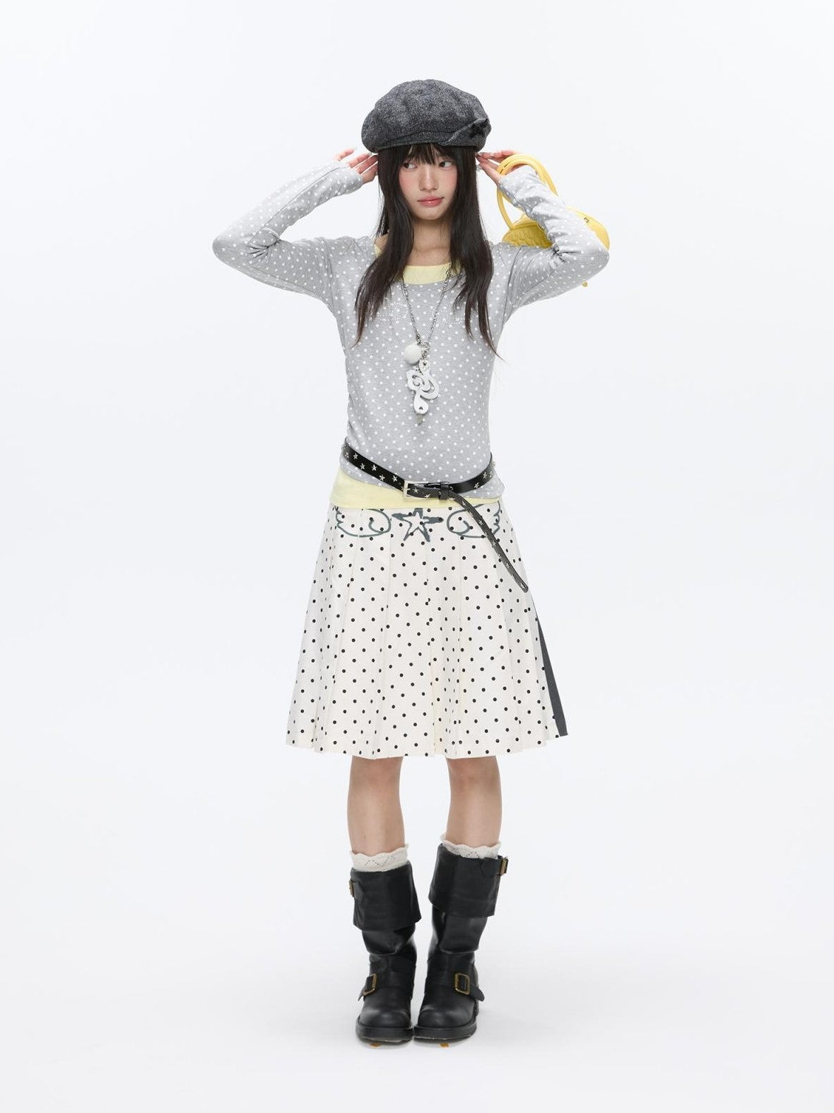 BETWEENAND Gray White Polka Dot Spliced Reversible High Waist Pleated Women&