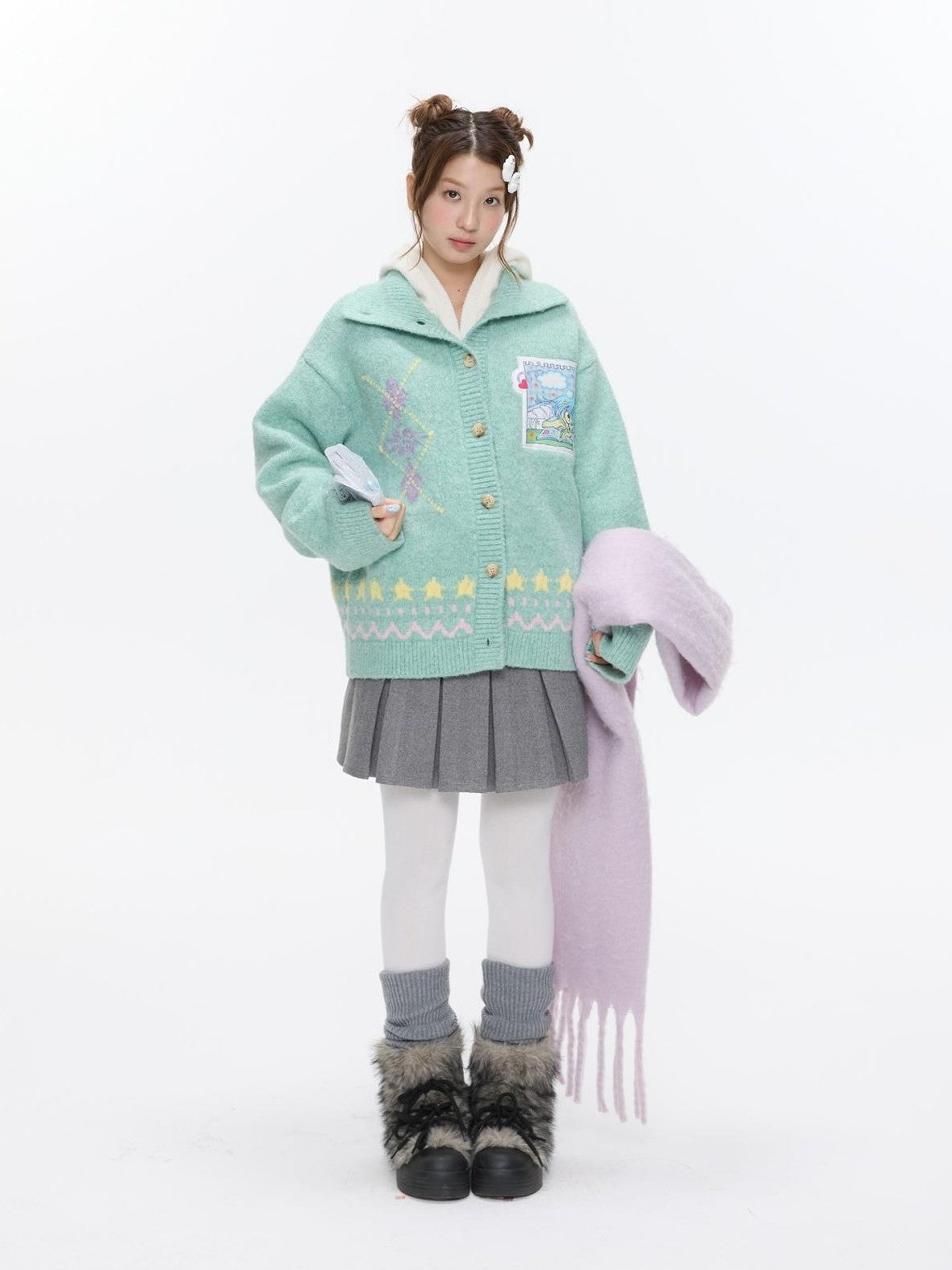BETWEENAND Green Argyle Applique Embroidered Hooded Women&