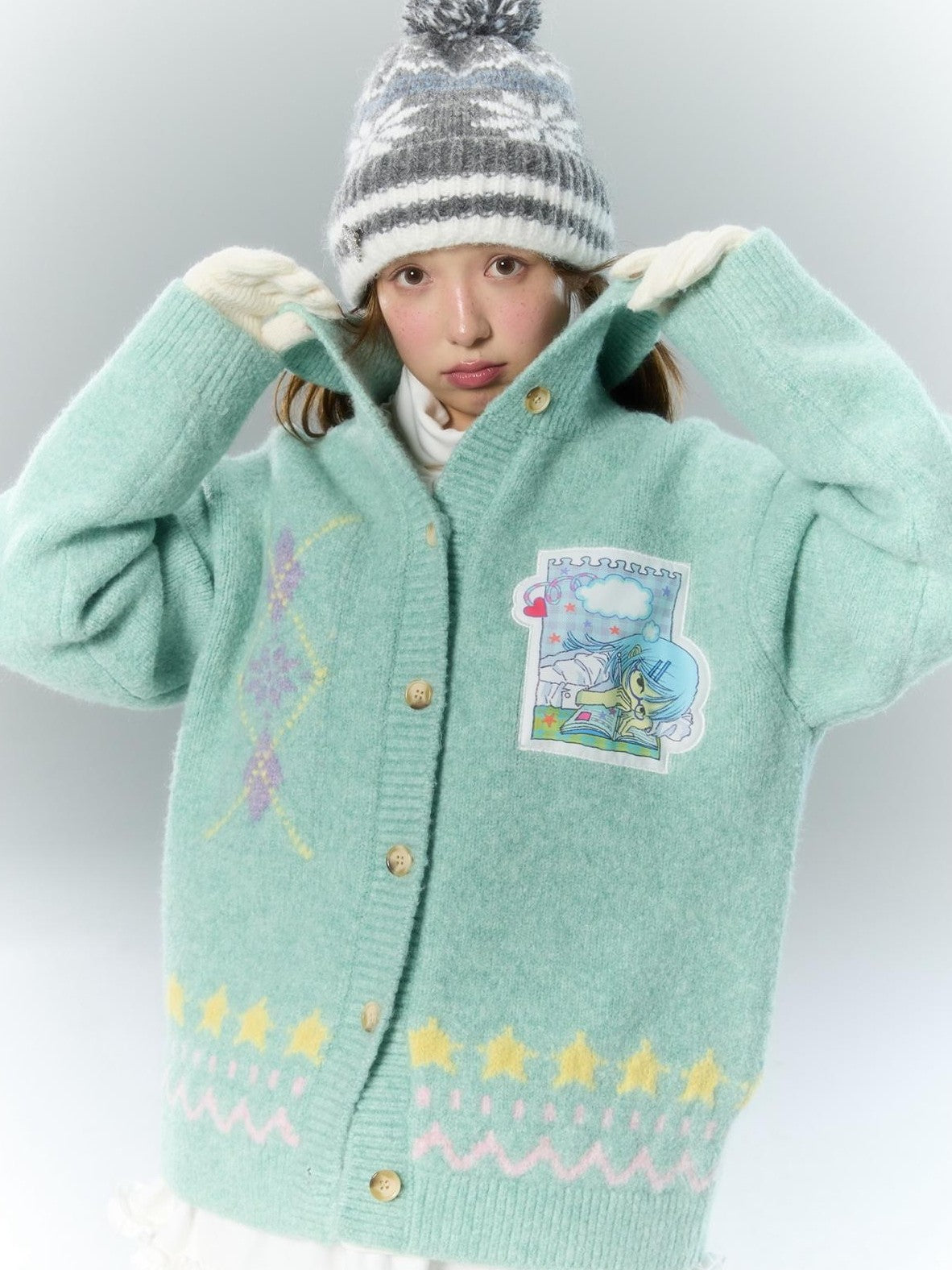 BETWEENAND Green Argyle Applique Embroidered Hooded Women&