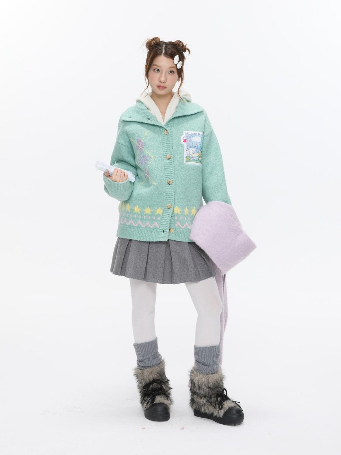 BETWEENAND Green Argyle Applique Embroidered Hooded Women&