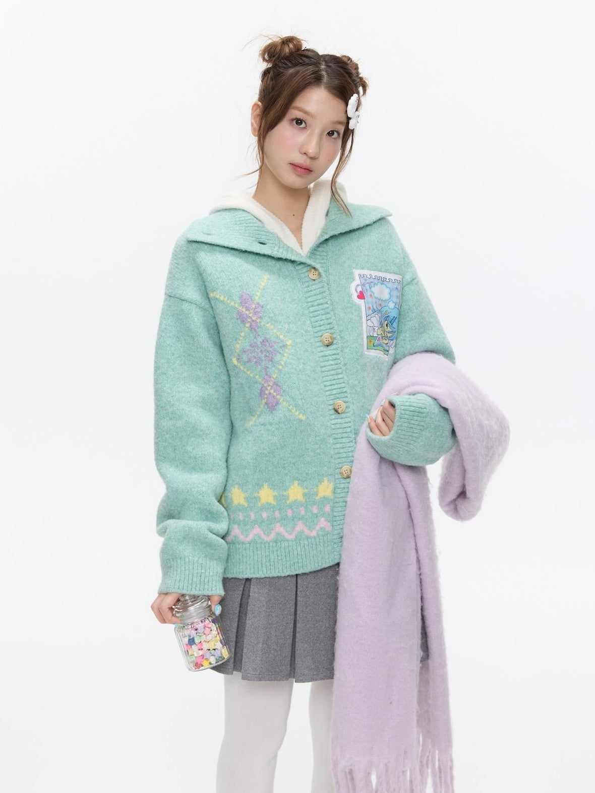 BETWEENAND Green Argyle Applique Embroidered Hooded Women&