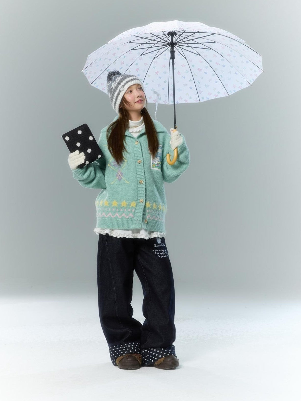BETWEENAND Green Argyle Applique Embroidered Hooded Women&
