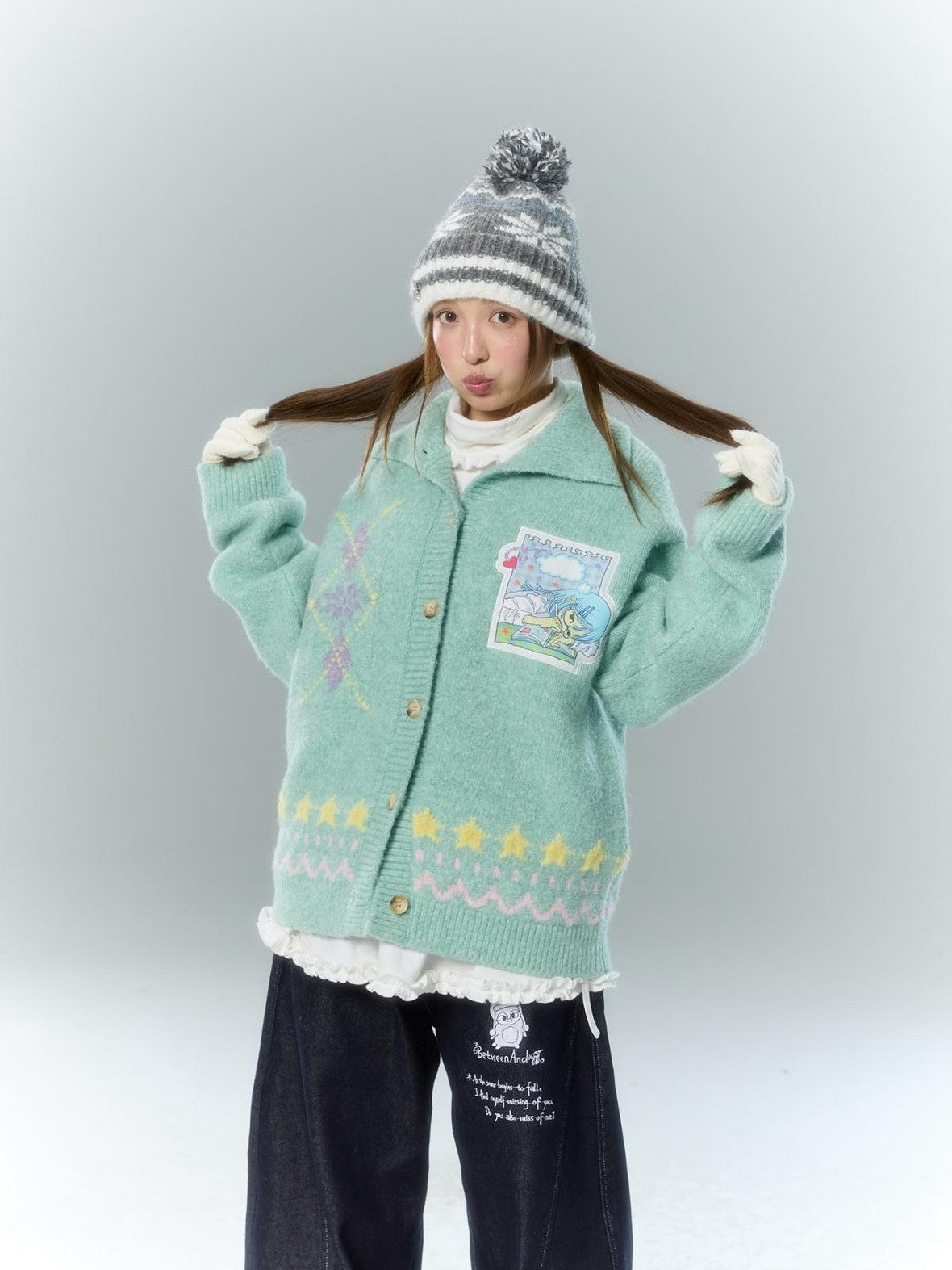 BETWEENAND Green Argyle Applique Embroidered Hooded Women&