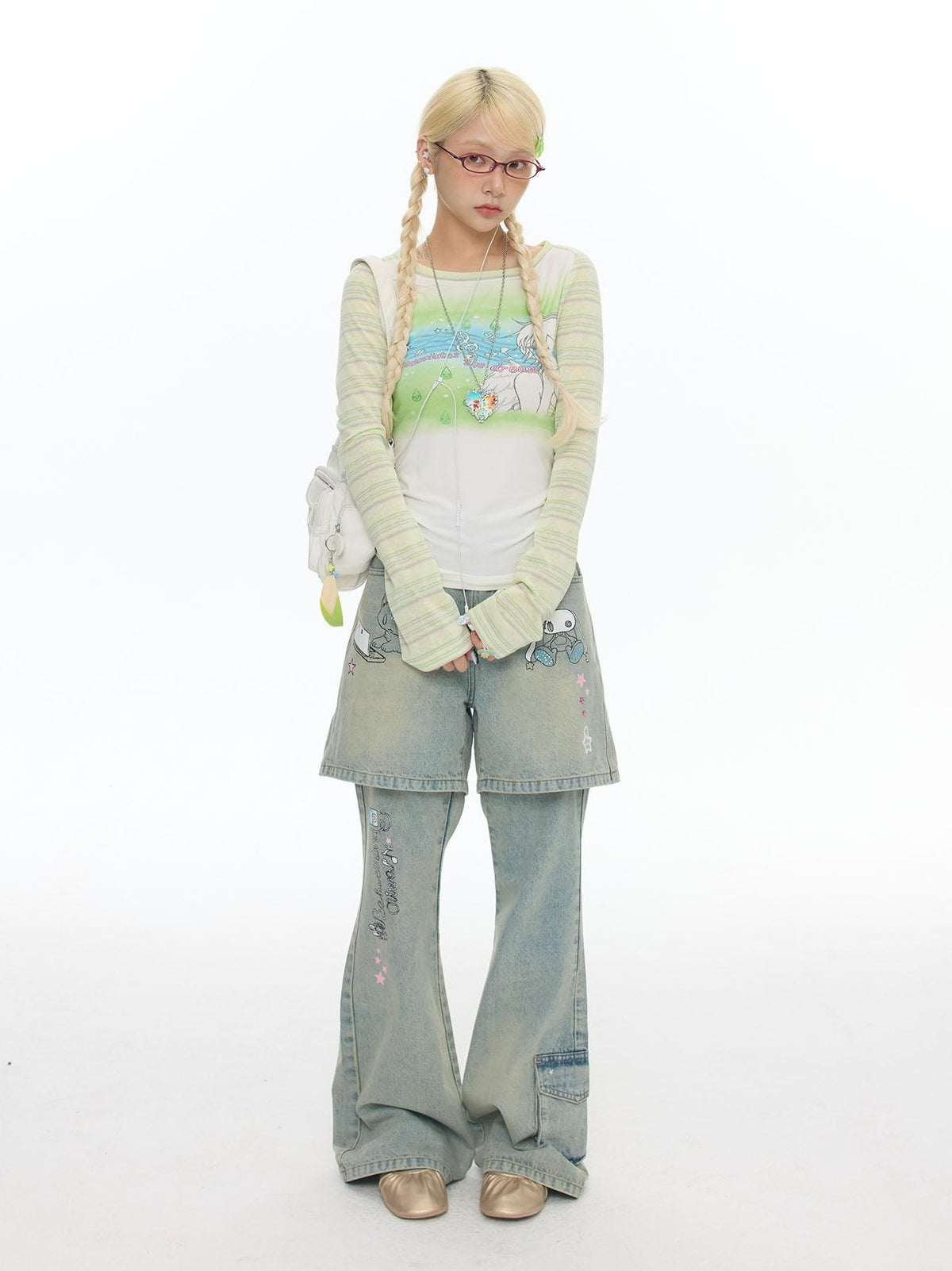 BETWEENAND Green Musical Note Contrast Stripe Ombre Raglan Women&