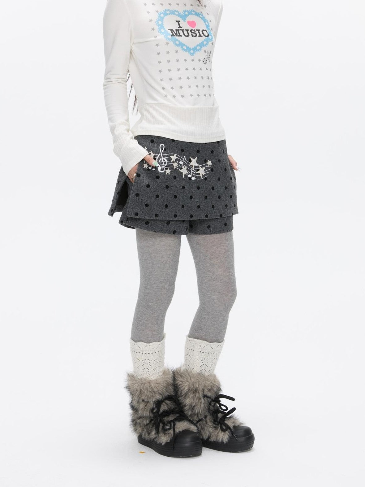BETWEENAND Grey Embroidered Musical Note Polka Dot High Waist Women&