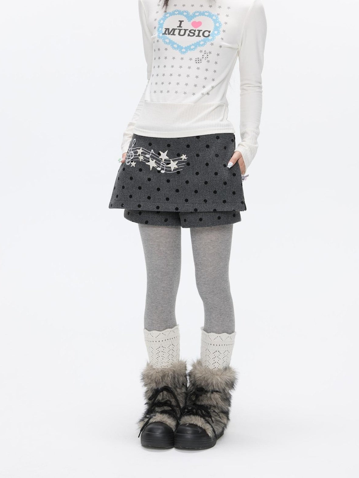 BETWEENAND Grey Embroidered Musical Note Polka Dot High Waist Women&