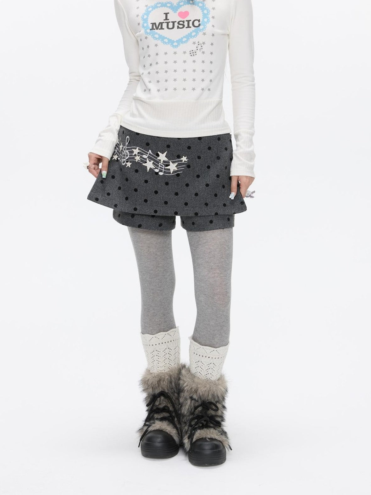 BETWEENAND Grey Embroidered Musical Note Polka Dot High Waist Women&