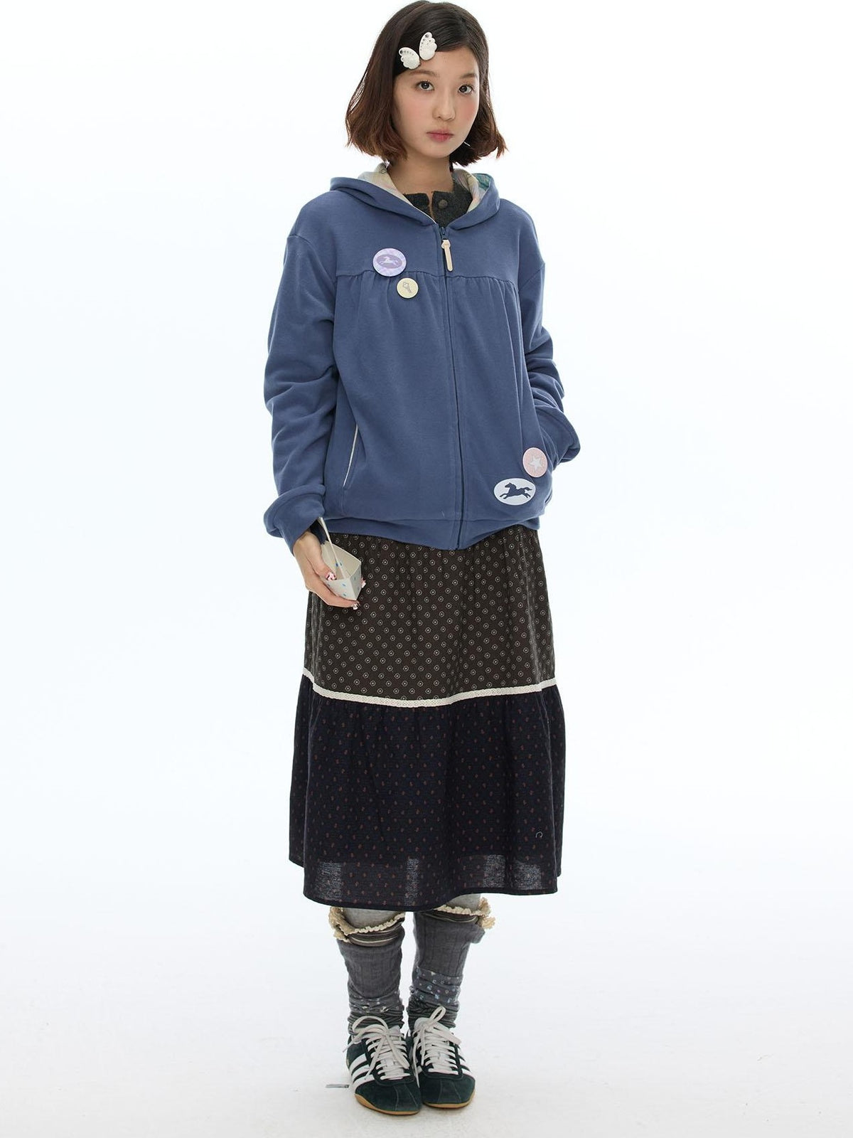 BETWEENAND Hazy Blue Double Sided Brushed Pleated Loose Fit Women&