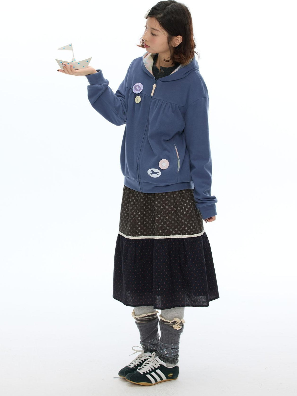 BETWEENAND Hazy Blue Double Sided Brushed Pleated Loose Fit Women&