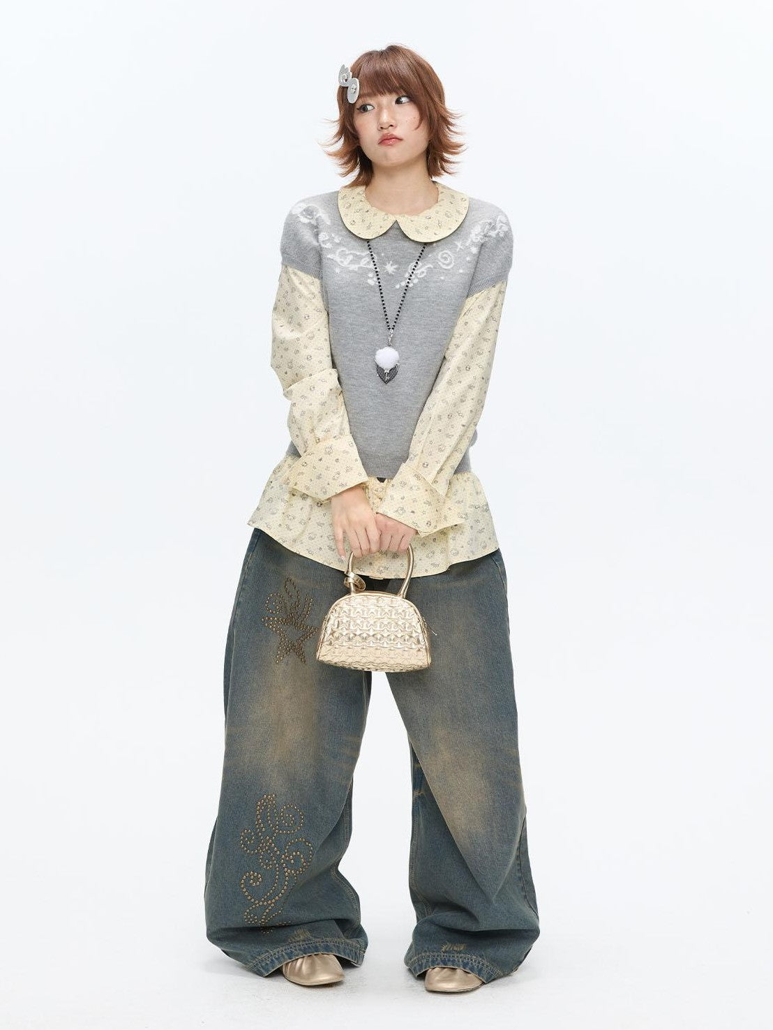 BETWEENAND Heather Gray Embroidered Jacquard Women&