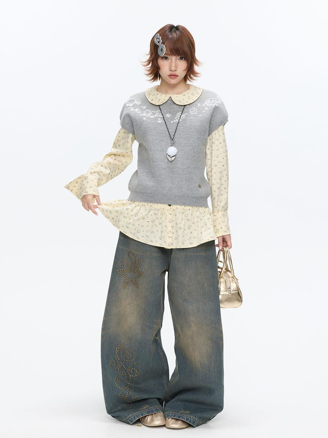 BETWEENAND Heather Gray Embroidered Jacquard Women&