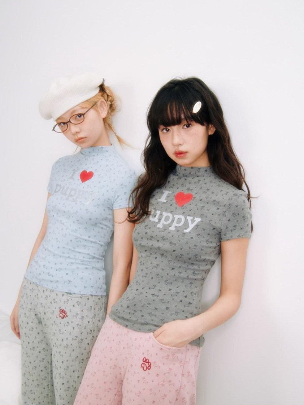 BETWEENAND I Love Dog Glitter Print Mock Neck Women&