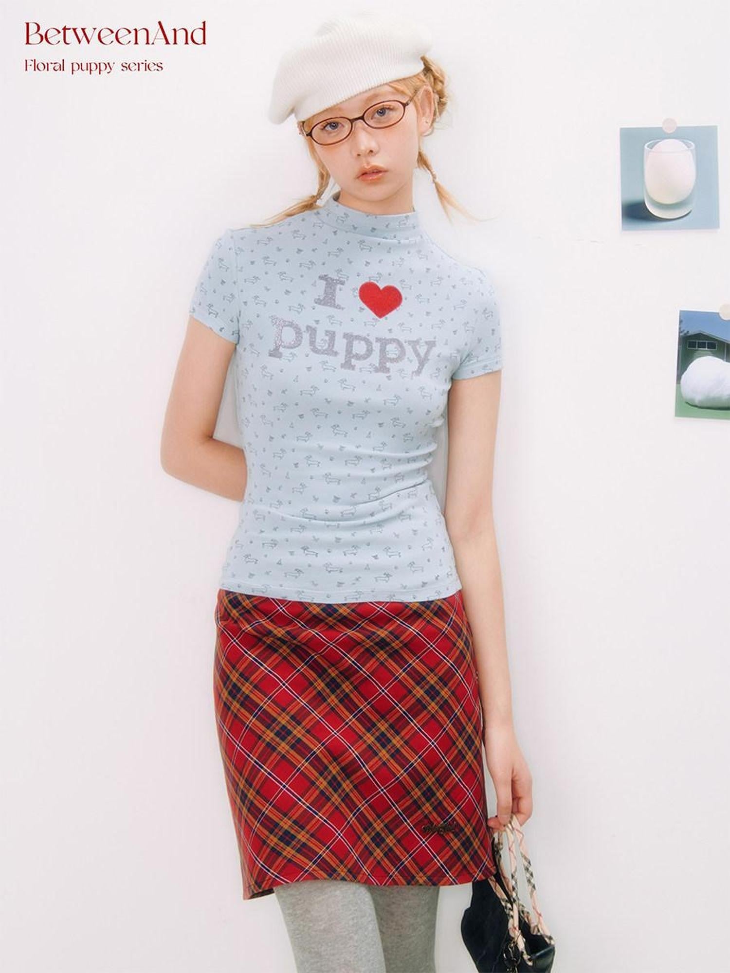 BETWEENAND I Love Dog Glitter Print Mock Neck Women&
