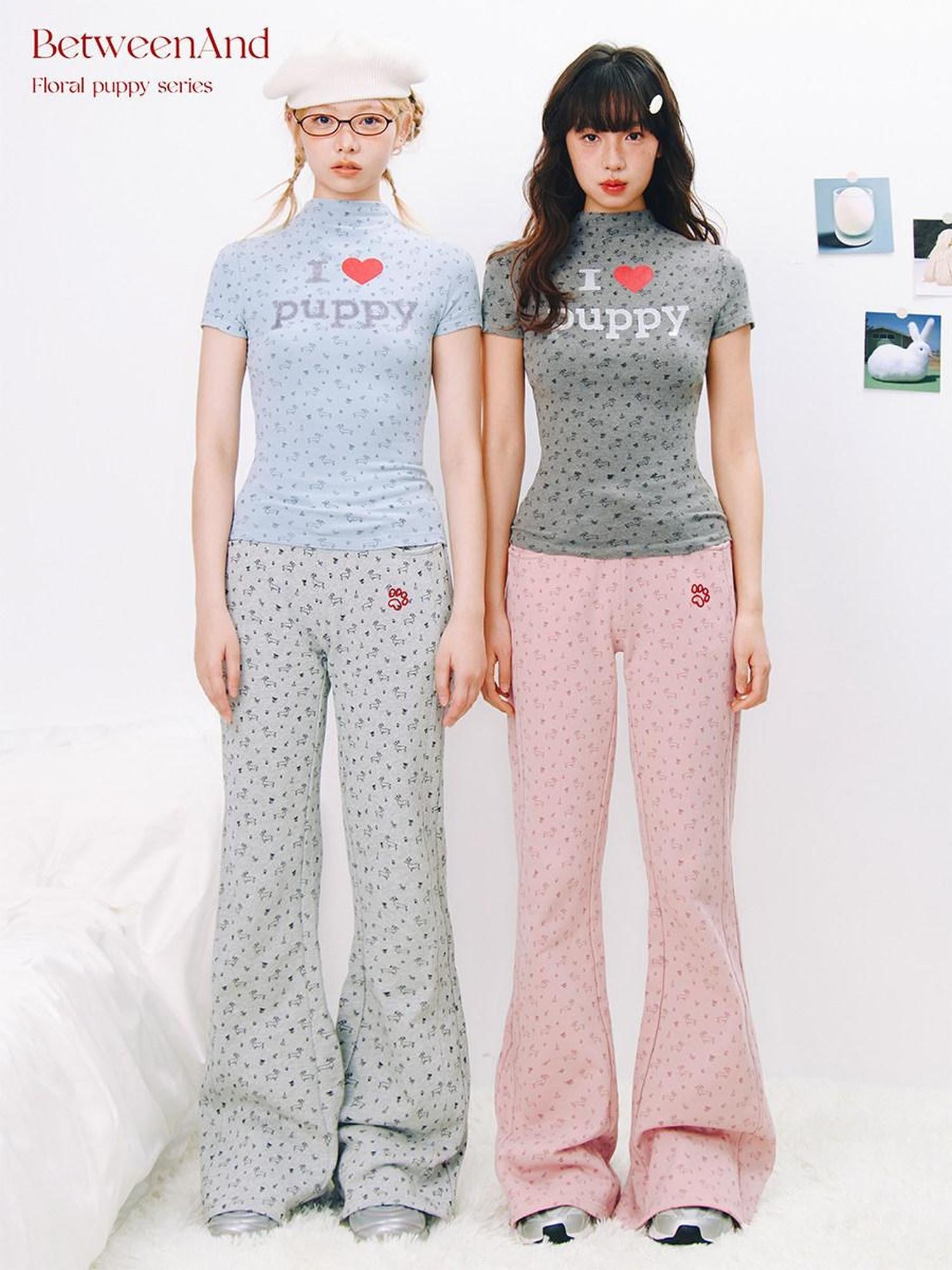 BETWEENAND I Love Dog Glitter Print Mock Neck Women&