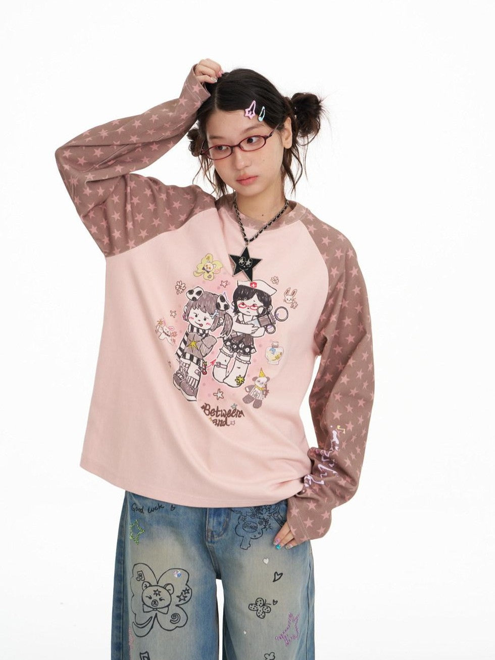 BETWEENAND Illustration Print Star Raglan Women&