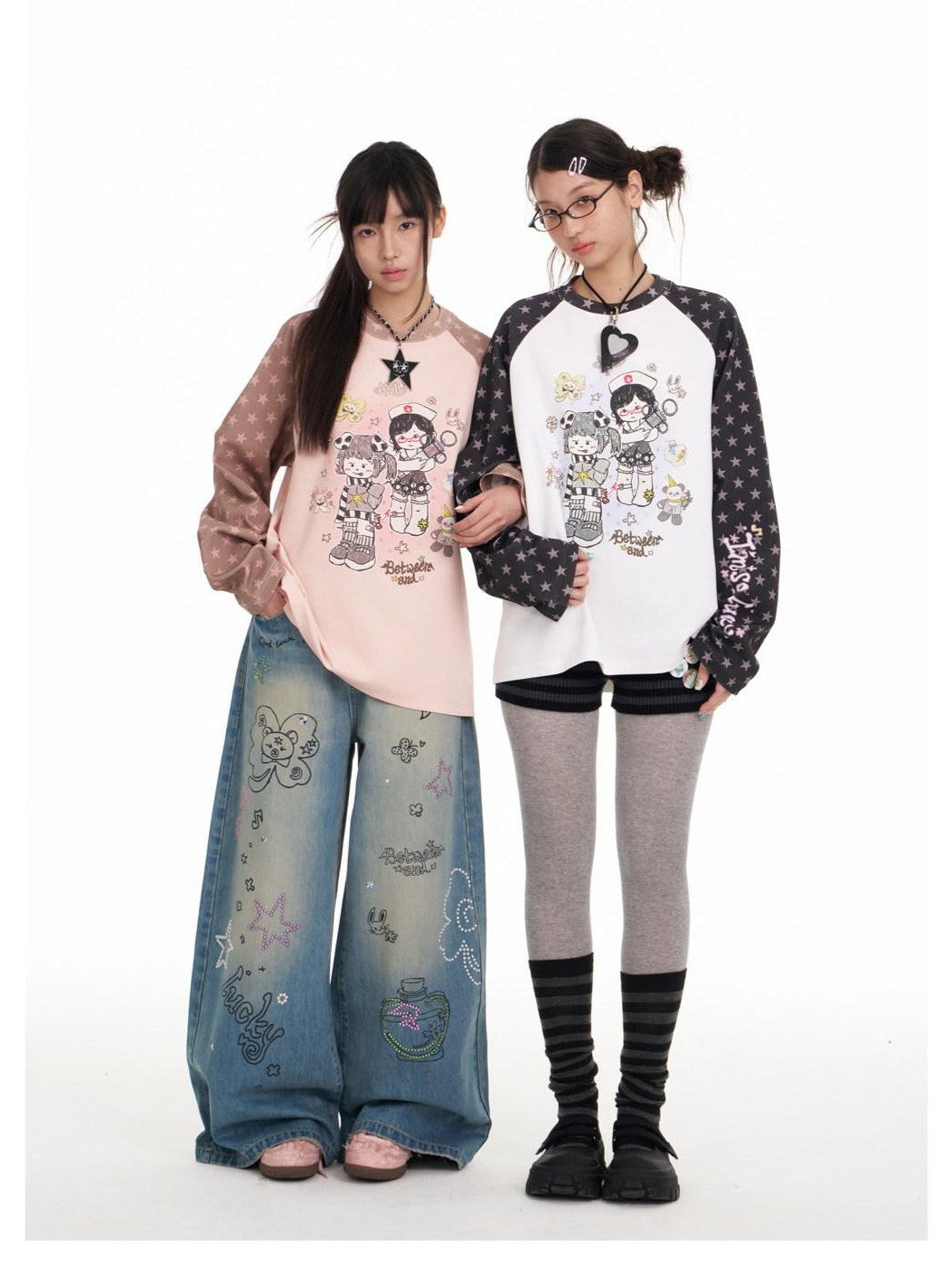 BETWEENAND Illustration Print Star Raglan Women&
