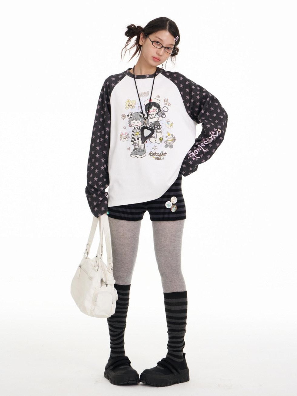 BETWEENAND Illustration Print Star Raglan Women&