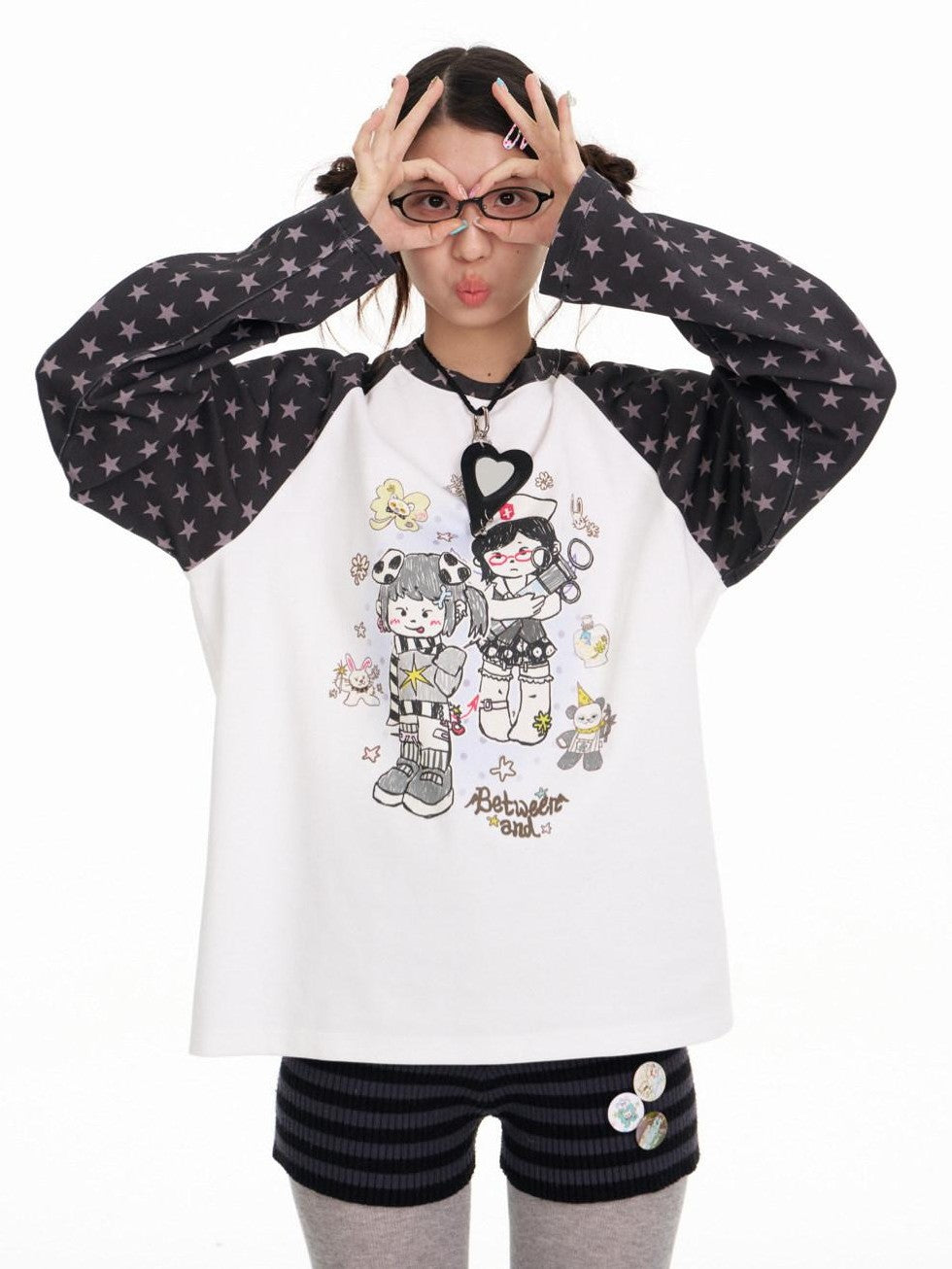 BETWEENAND Illustration Print Star Raglan Women&