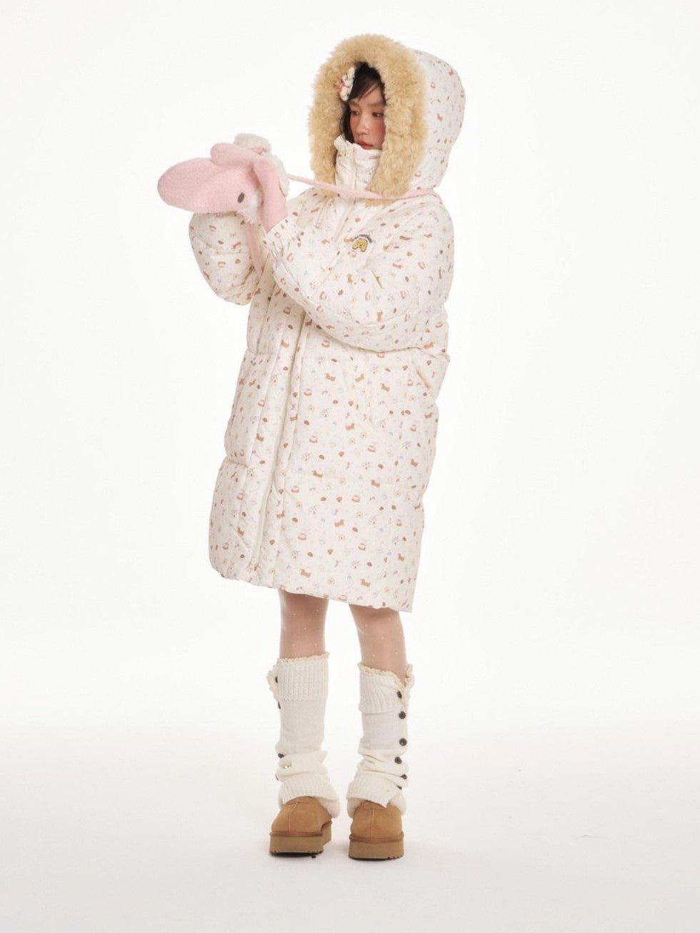 BETWEENAND Ivory Allover Print Embroidered Hooded Women&