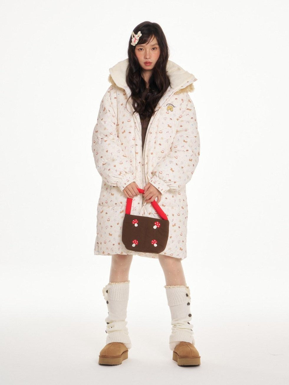 BETWEENAND Ivory Allover Print Embroidered Hooded Women&