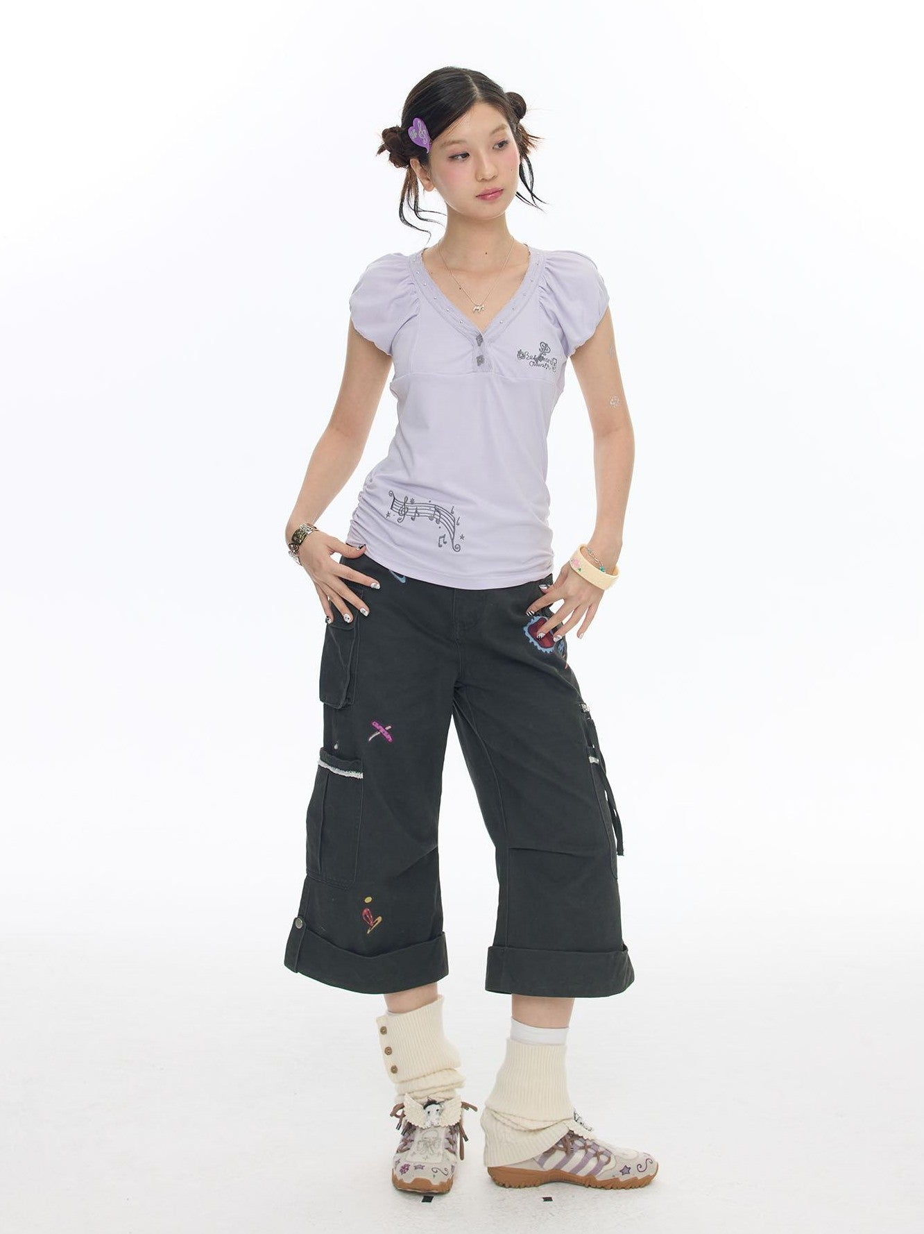 BETWEENAND Lace Embroidered Musical Note Key Rhinestone Women&