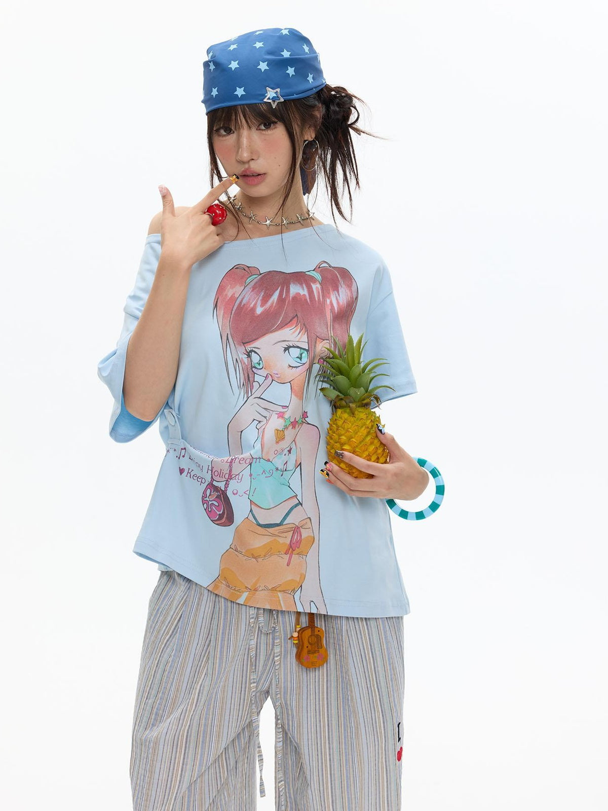 BETWEENAND Manga Girl Print Slanted Shoulder Women&