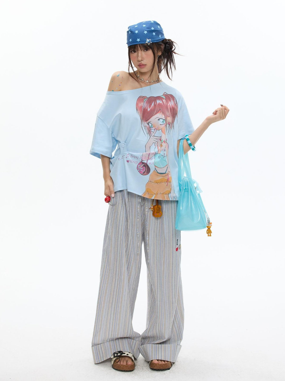 BETWEENAND Manga Girl Print Slanted Shoulder Women&