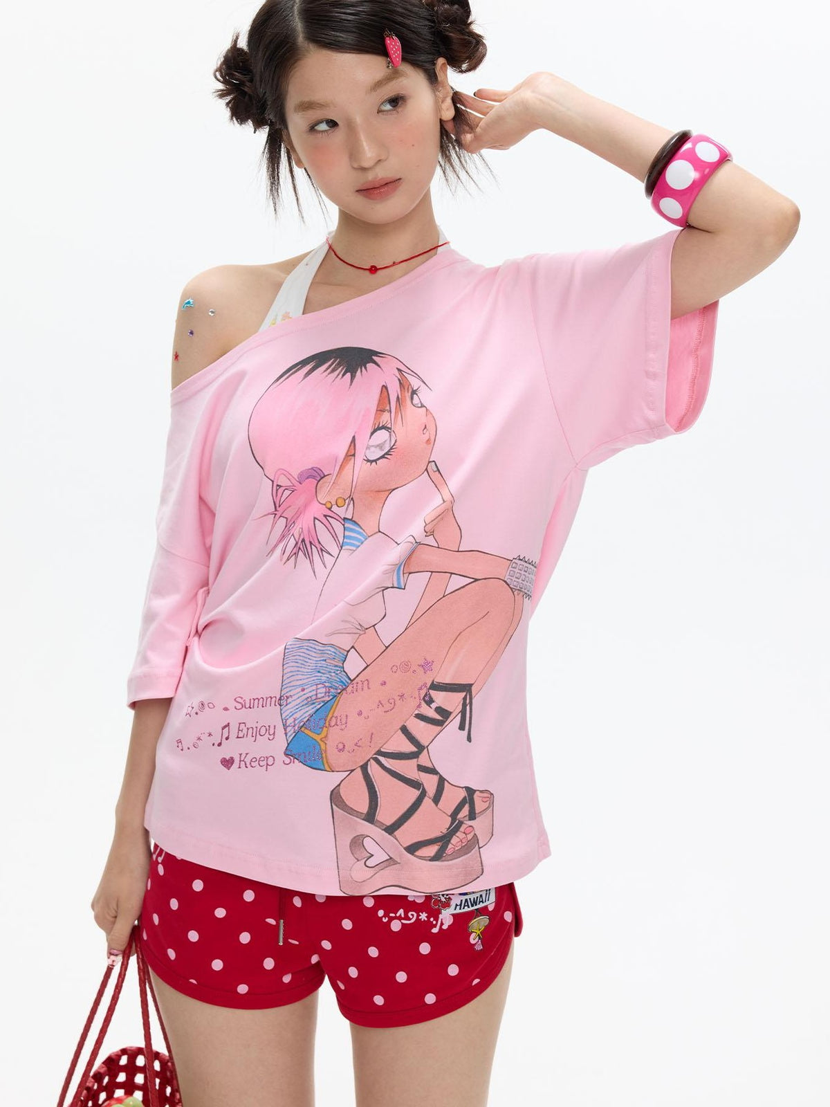 BETWEENAND Manga Girl Print Slanted Shoulder Women&