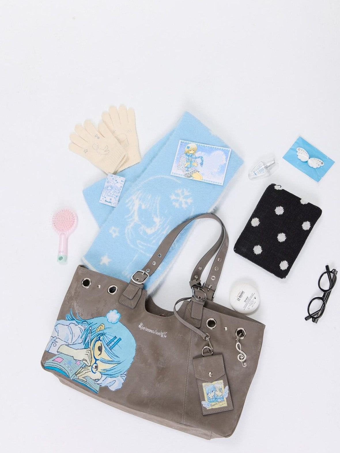 BETWEENAND Milk Tea Gray Vintage Manga Girl Cartoon Large Capacity Women&