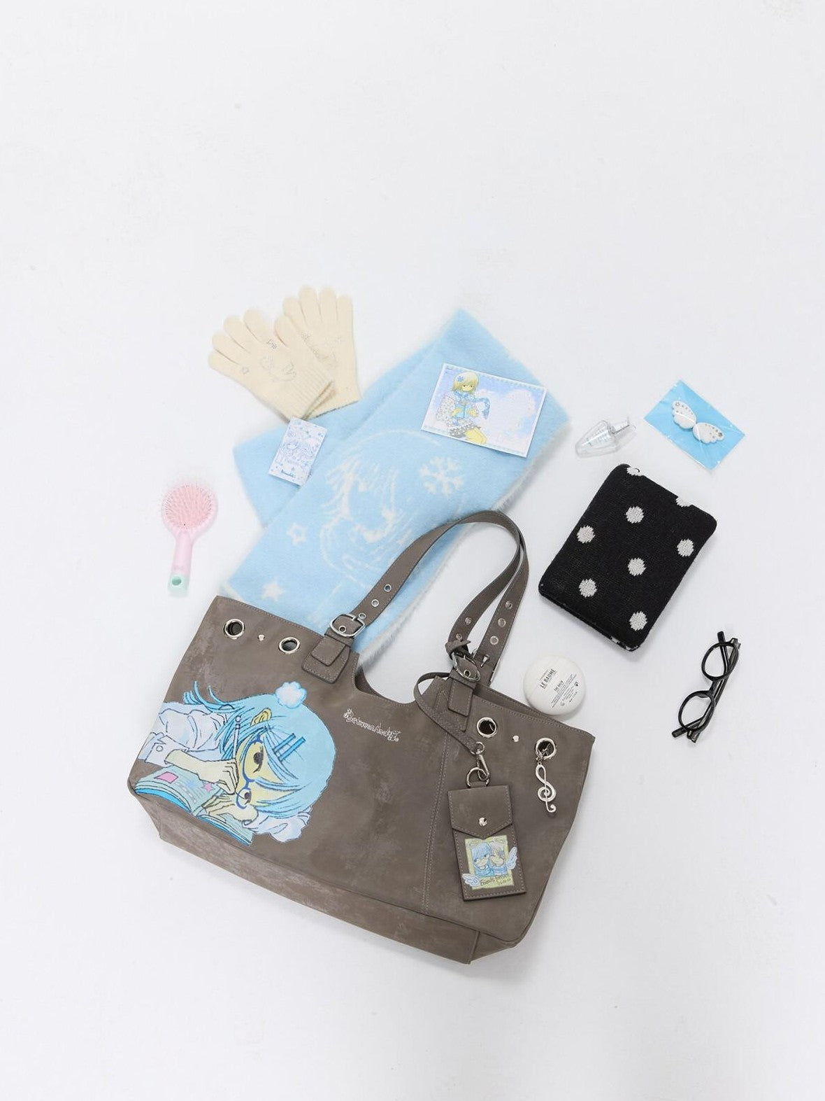 BETWEENAND Milk Tea Gray Vintage Manga Girl Cartoon Large Capacity Women&