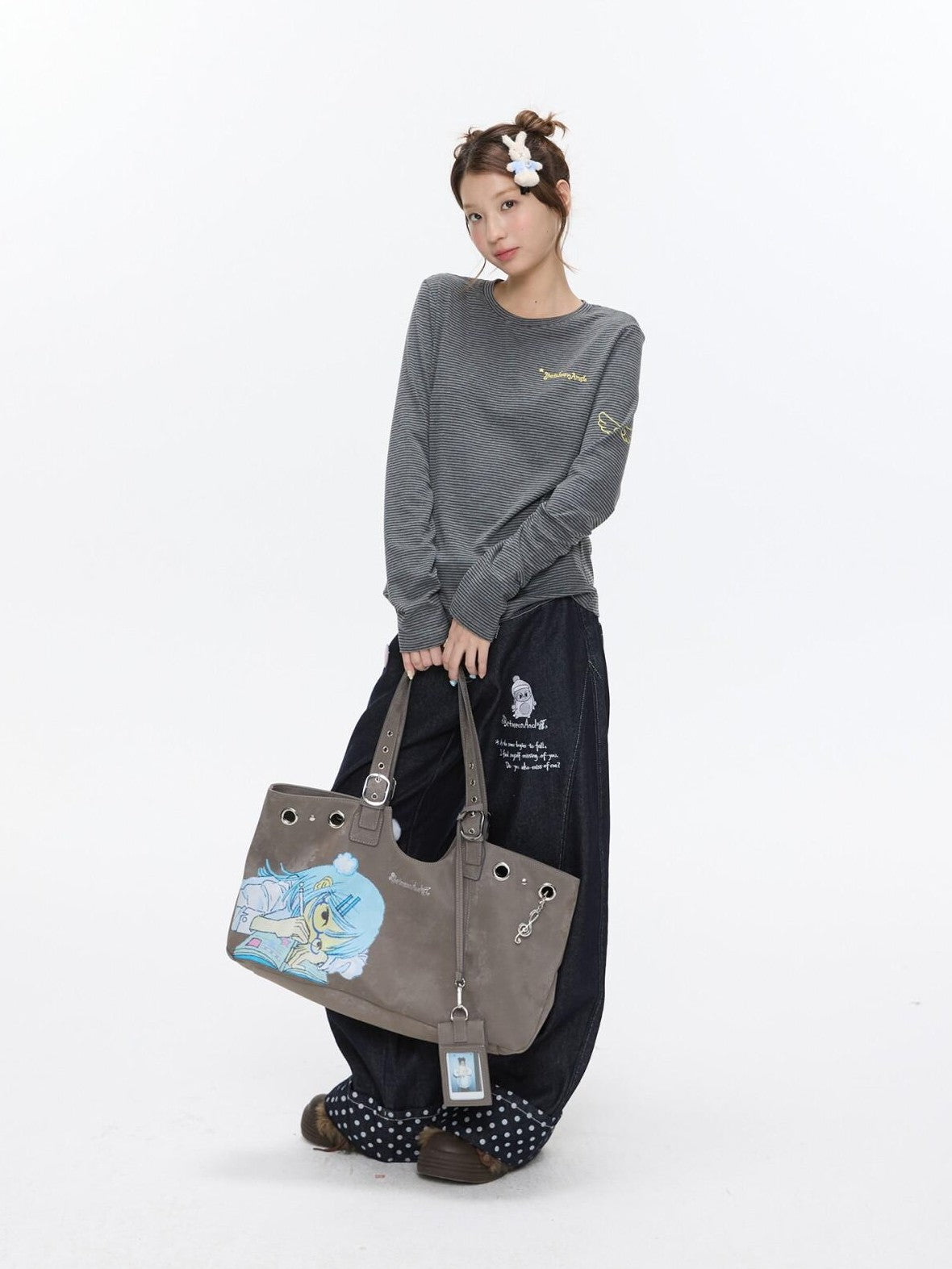 BETWEENAND Milk Tea Gray Vintage Manga Girl Cartoon Large Capacity Women&