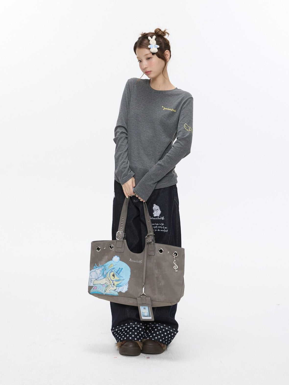BETWEENAND Milk Tea Gray Vintage Manga Girl Cartoon Large Capacity Women&