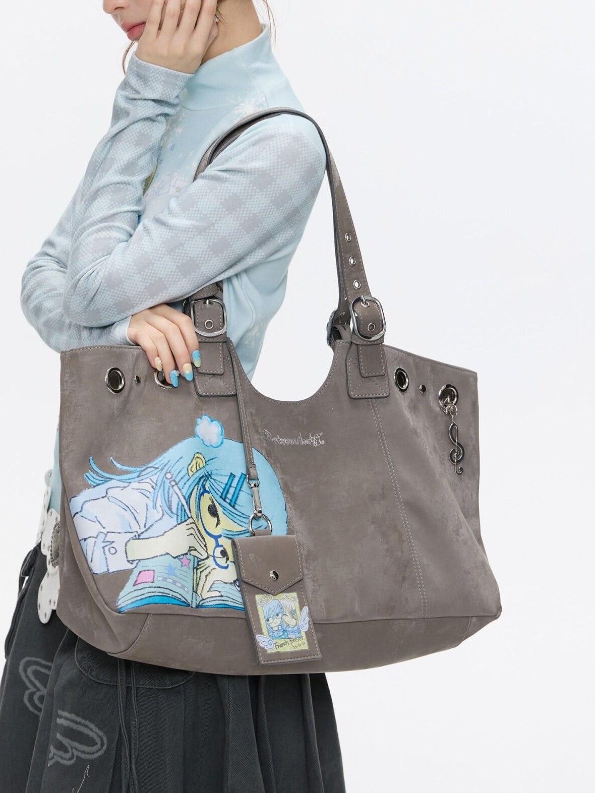 BETWEENAND Milk Tea Gray Vintage Manga Girl Cartoon Large Capacity Women&