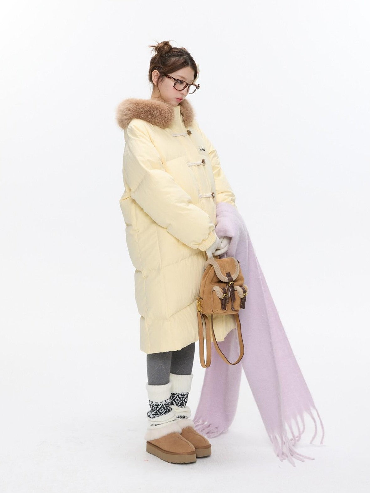 BETWEENAND Milk Yellow Embroidered Print Hooded Long Toggle Loose Women&