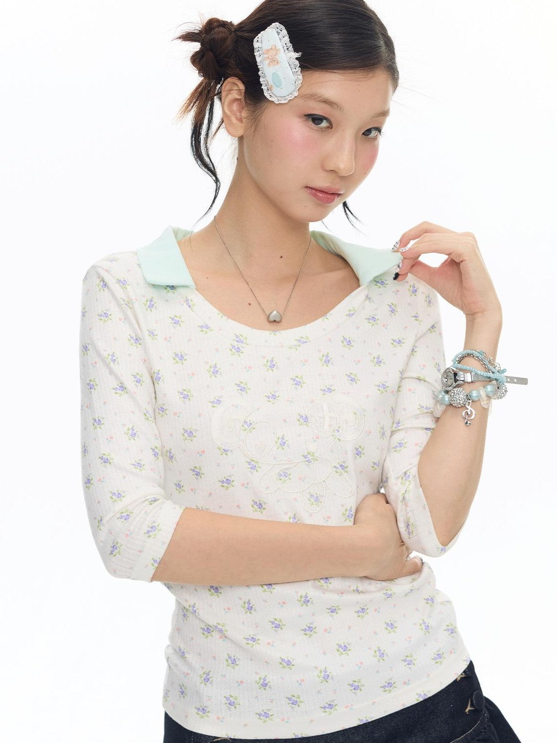 BETWEENAND Mint Green Floral Jacquard Embroidered Women&
