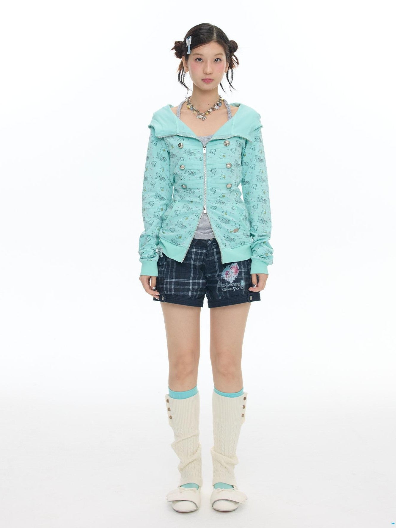 BETWEENAND Mint Green Napoleon Collar Double Row Buttons Women&