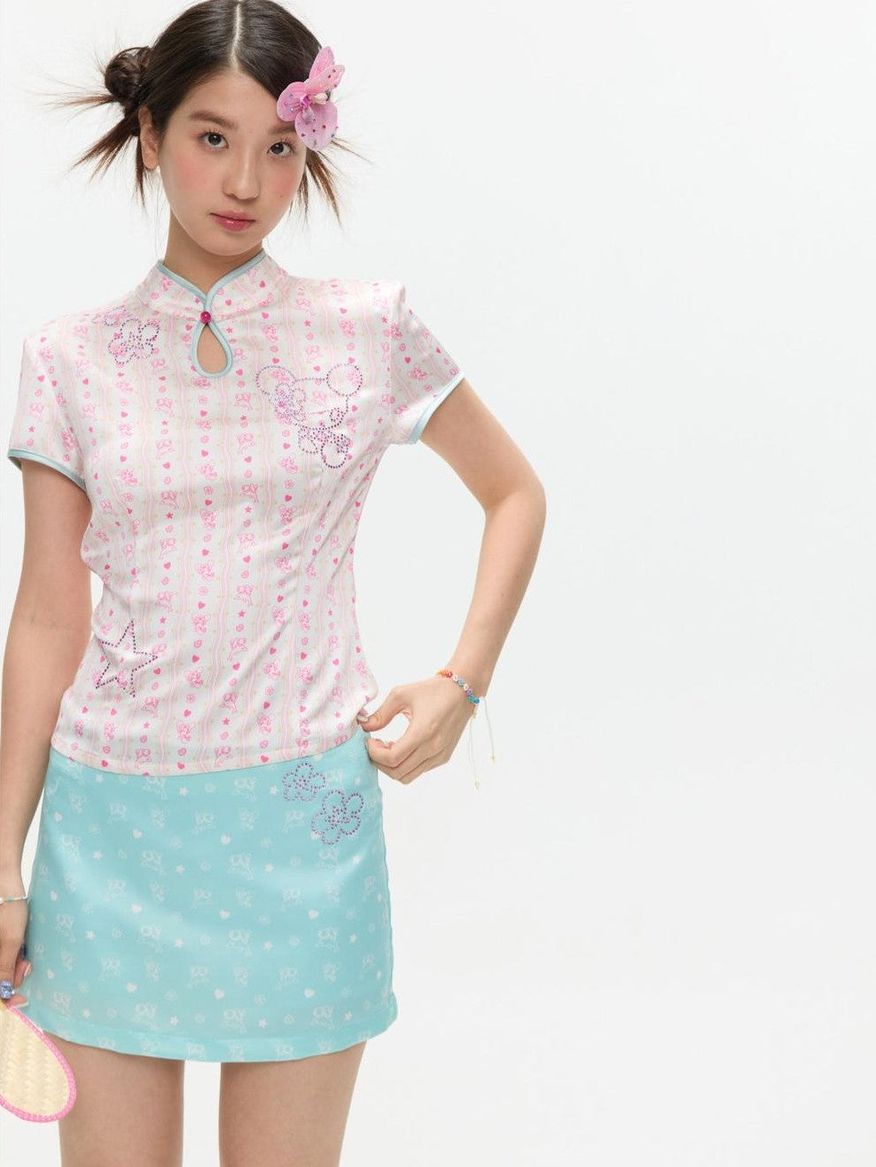 BETWEENAND Mint Green Printed Slimming High Waist A Line Women&