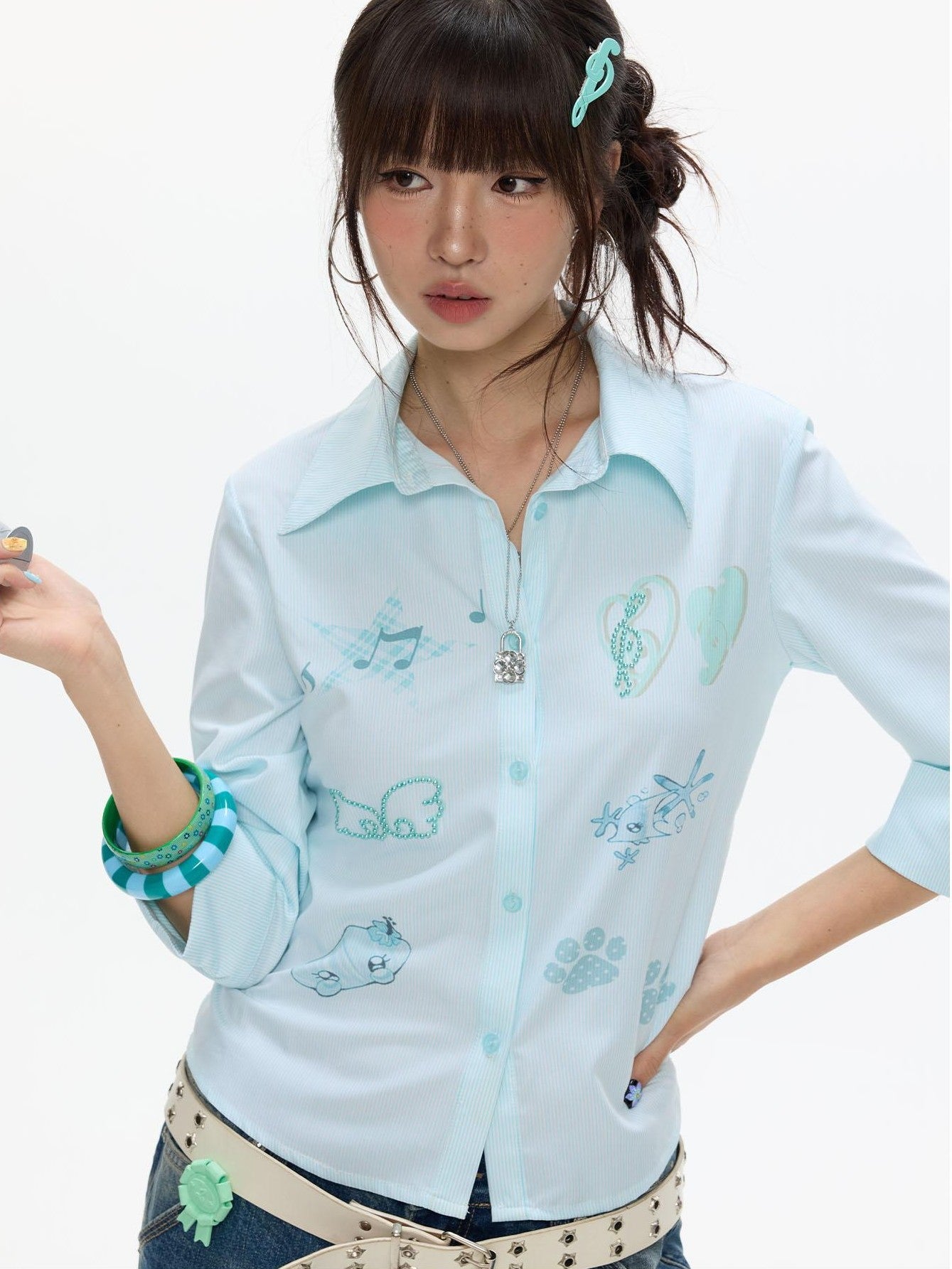 BETWEENAND Mint Striped Rhinestone Cinched Waist Stand Collar Women&