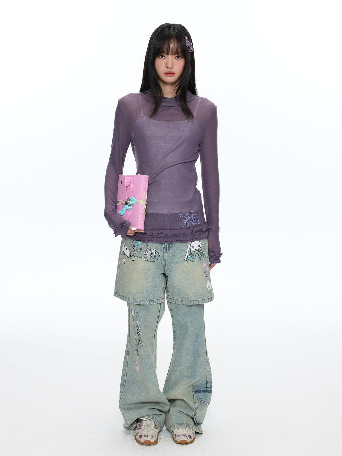 BETWEENAND Mock Neck Rolled Hem Semi Sheer Layered Women&