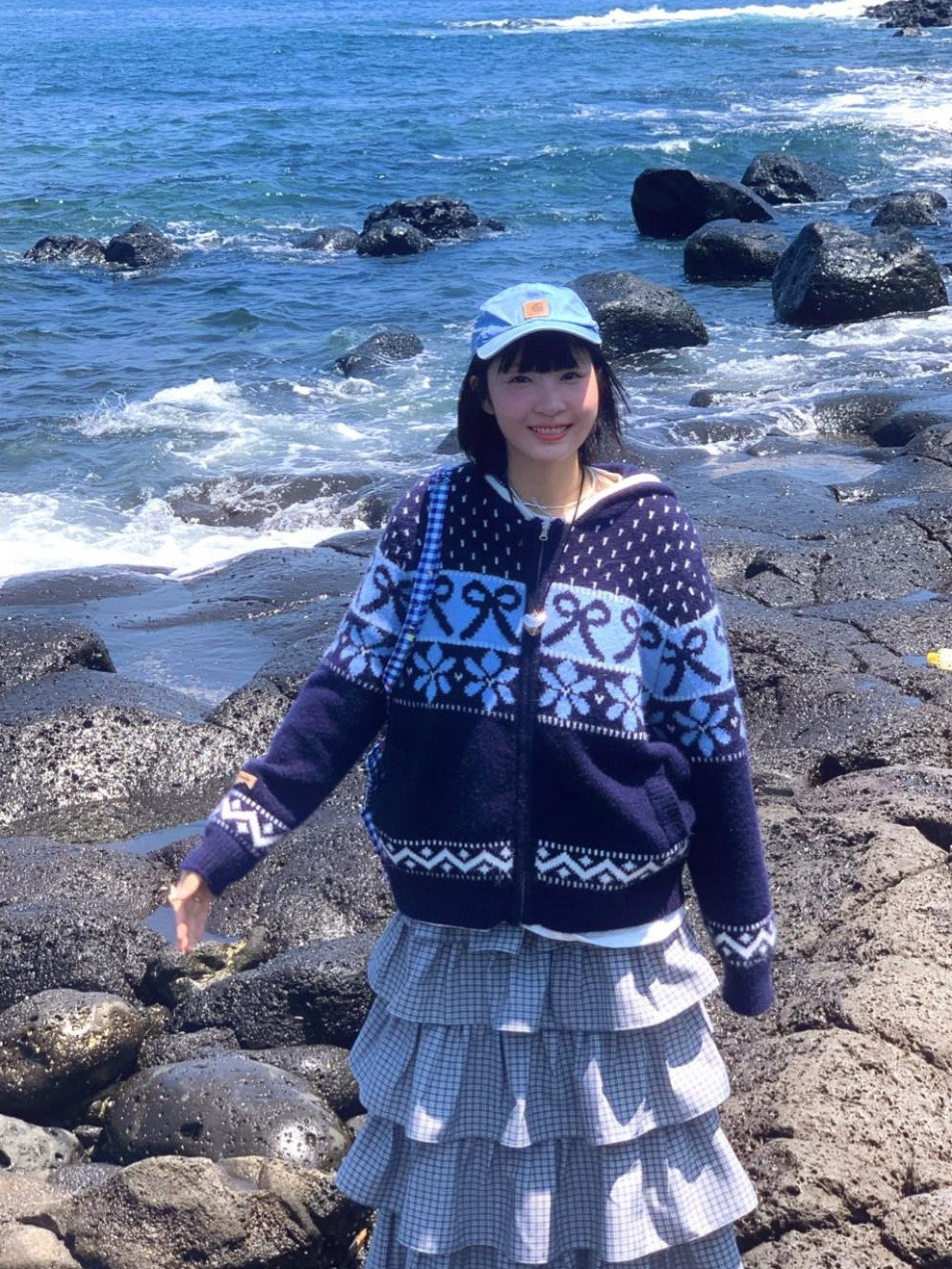 BETWEENAND Navy Fair Isle Jacquard Bow Embroidery Women&