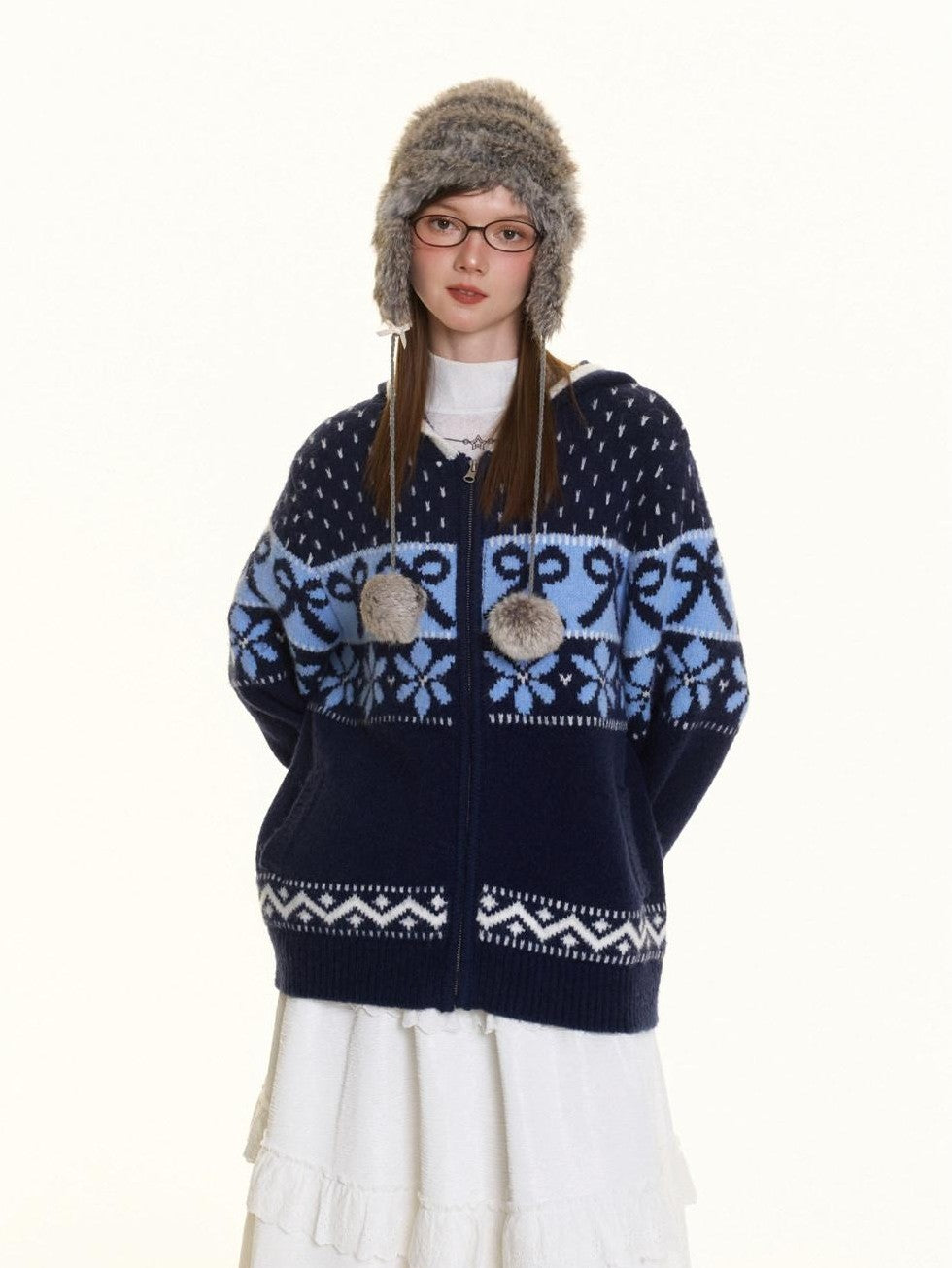 BETWEENAND Navy Fair Isle Jacquard Bow Embroidery Women&